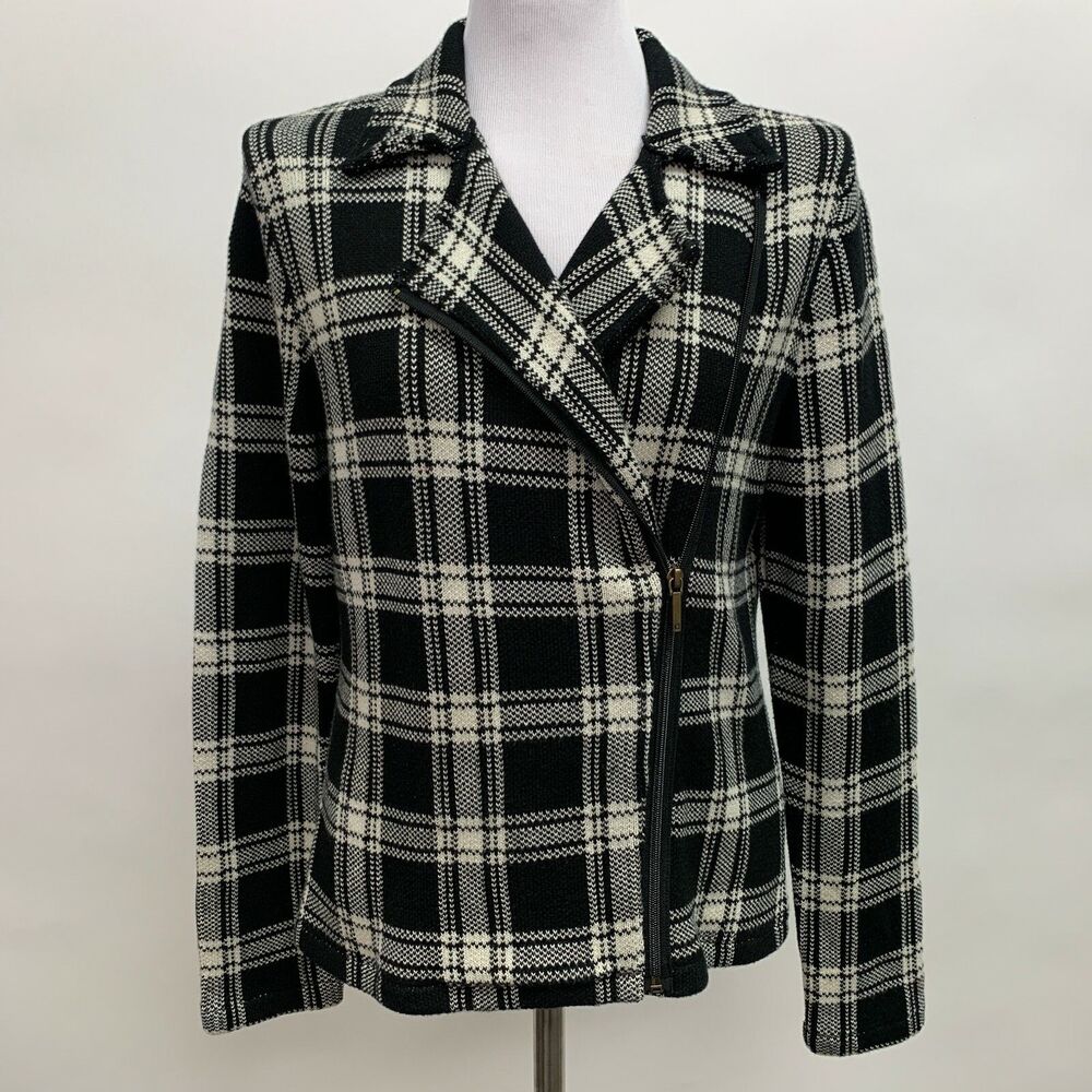 Chaps Women's Sweater Large X-Large Black Cream Multicolor Plaid‎ Zipper